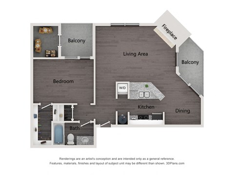 Floor plan for 1 bed, 1 bath, 850 sqft